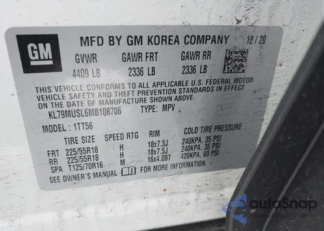 2021 Chevrolet Trailblazer Awd Rs z USA, uszkodzony, nr VIN KL79MUSL6MB108706